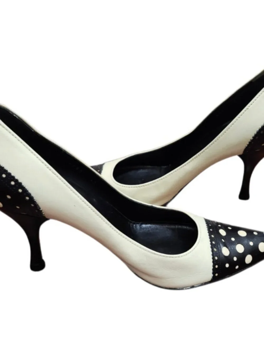 Sergio Rossi Polka Dot Heels Pumps Black White Leather Pointed Toe EU 39 Italy